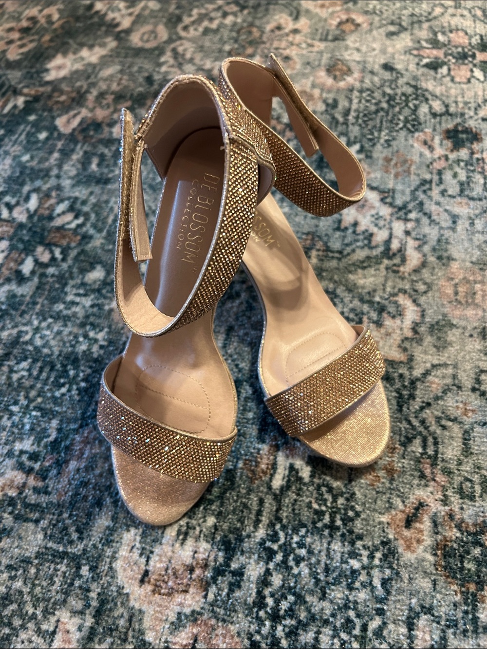 De Blossom Collection Women's Sparkling Gold Rhinestone Ankle-Strap Heels